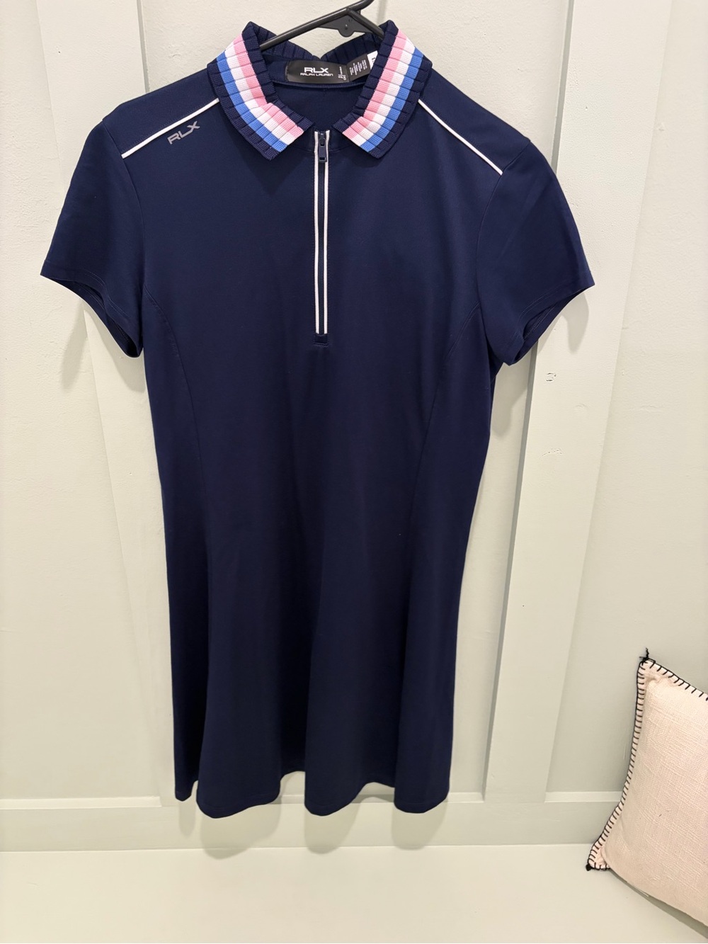 RLX Navy Polo Dress with Pink & Blue Stripe Collar